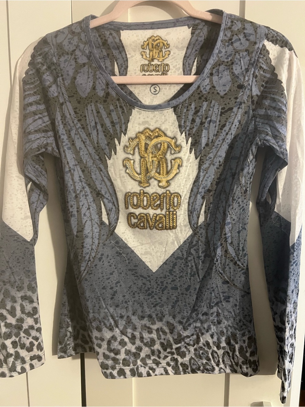 Roberto Cavalli Blue, Gray & Gold Studded Logo Long Sleeve Top